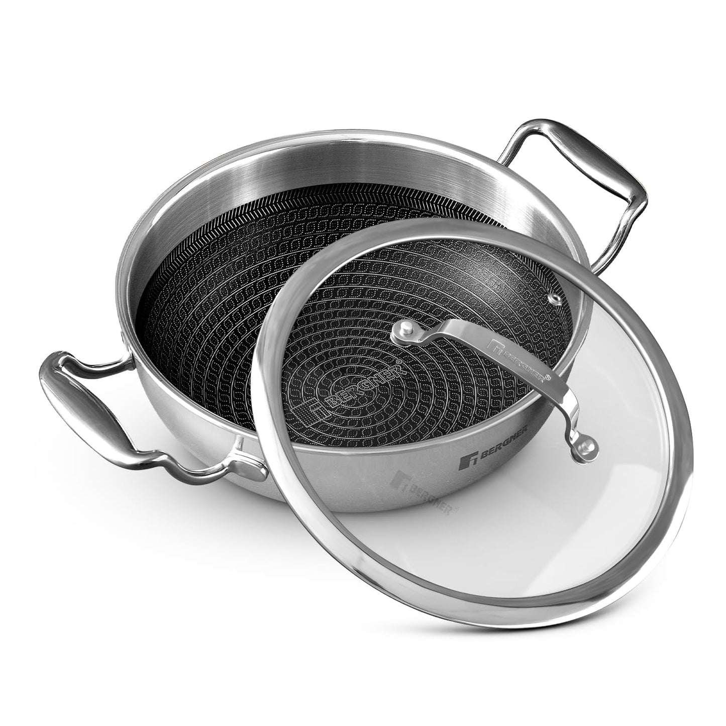 Bergner Hi-Tech TriPly Stainless Steel Wok with Glass Lid | Honeycomb Non-Stick Coating | Chinese Kadai |