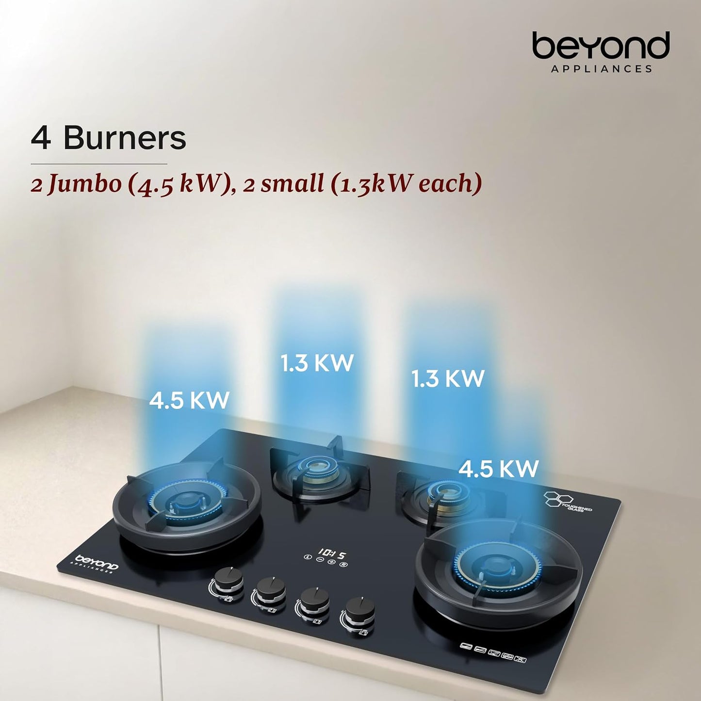 Beyond Appliances Zyra 4 Burner Smart Glass Hobtop Gas Stove | Full Brass Burner I Auto Ignition | Digital Timer | Flame Failure Device |