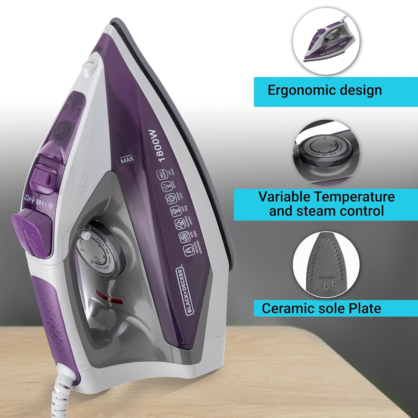 BLACK+DECKER 1800-Watts Steam Iron Press with Detachable Tank | Purple |