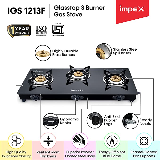 Impex Glass Top 3 Burner Gas Stove