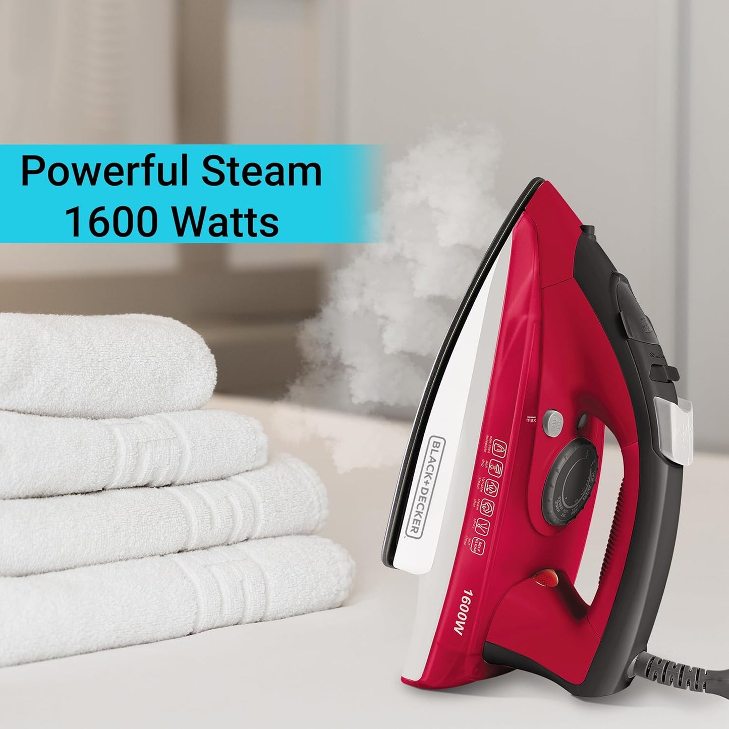 Black+Decker Steam Iron | 1600 Watts | Red + White | Non-Stick Ceramic Sole |