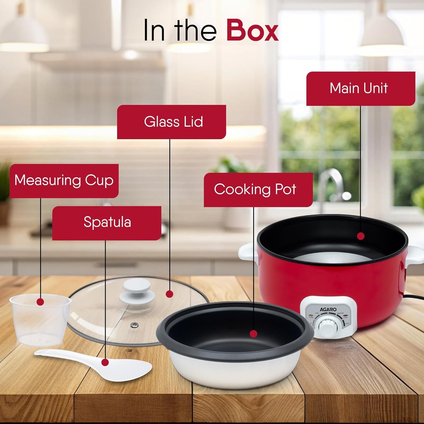 Agaro Regal Electric Multi Cooking Pot | 3L | Red | Adjustable Temperature | 1200W |