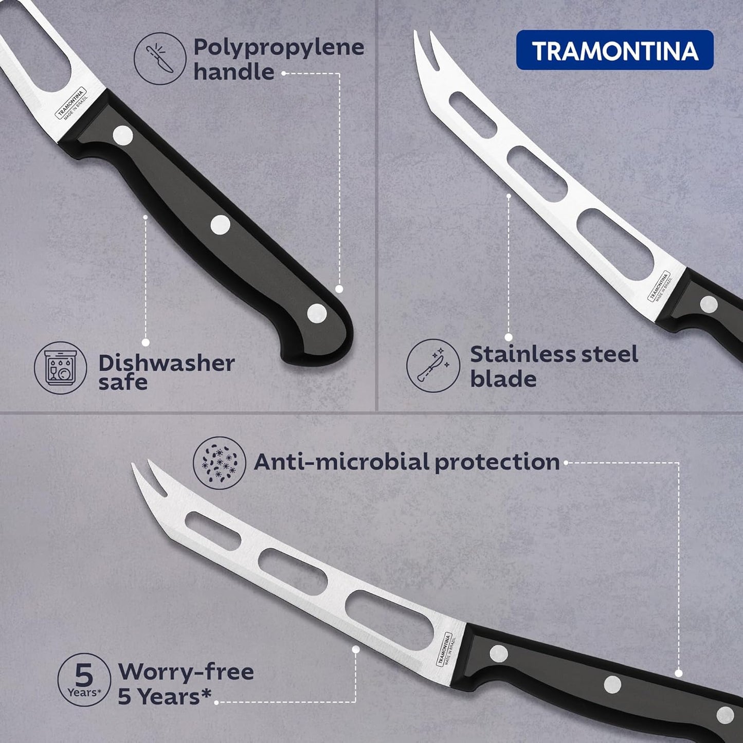 Tramontina Ultracorte Cheese Knife | 15 cm Stainless Steel Blade | Non-Stick 3-Hole Design | Antimicrobial Polypropylene Handle | Dishwasher Safe | 5-Year Warranty |