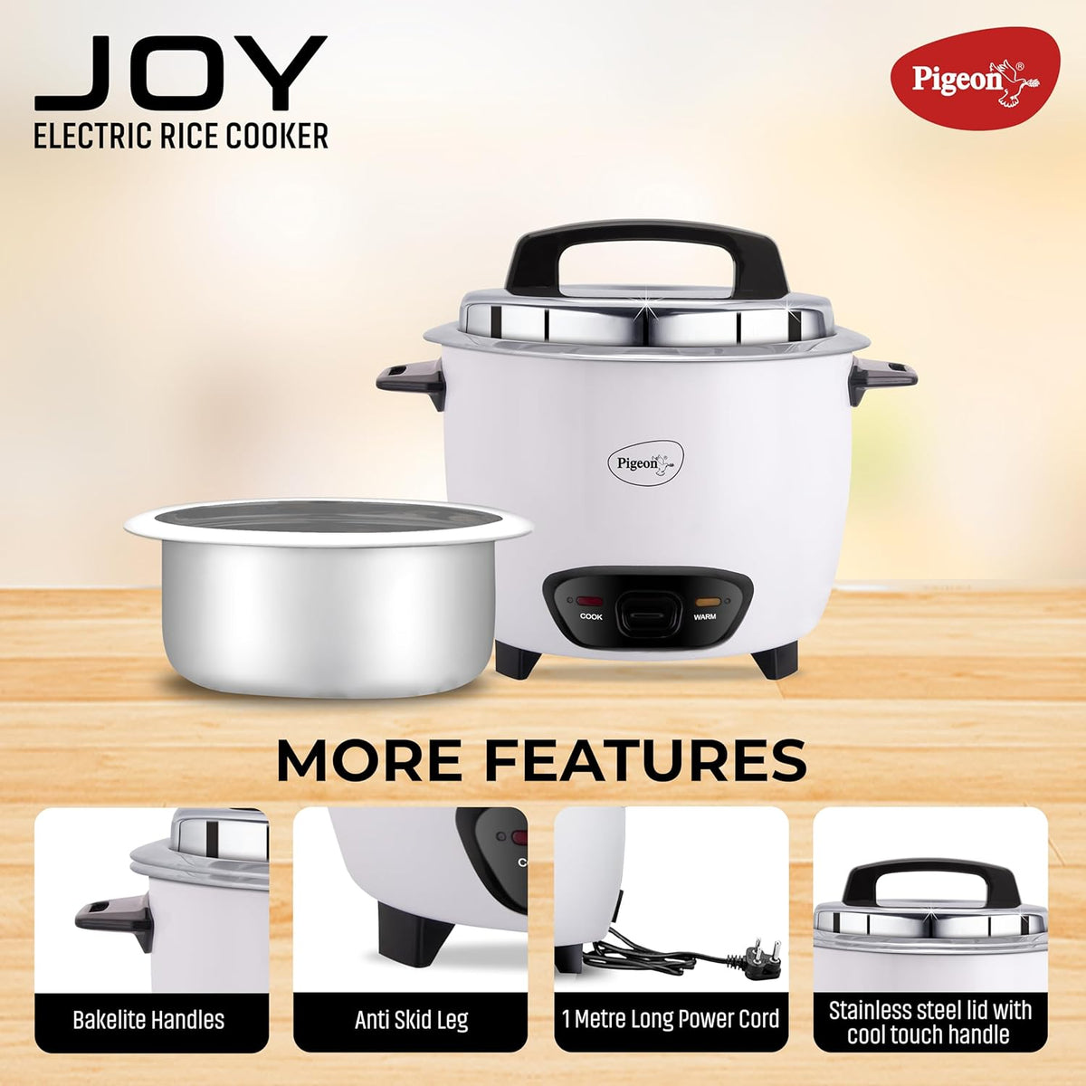 Pigeon Joy Rice cooker | 1 Litre | Aluminium Cooking Pot | Measuring Cup | Spatula | White |