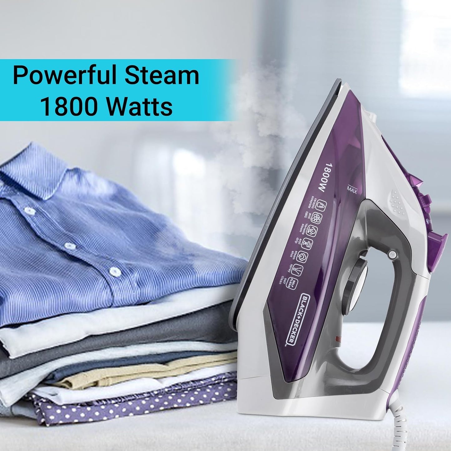BLACK+DECKER 1800-Watts Steam Iron Press with Detachable Tank | Purple |