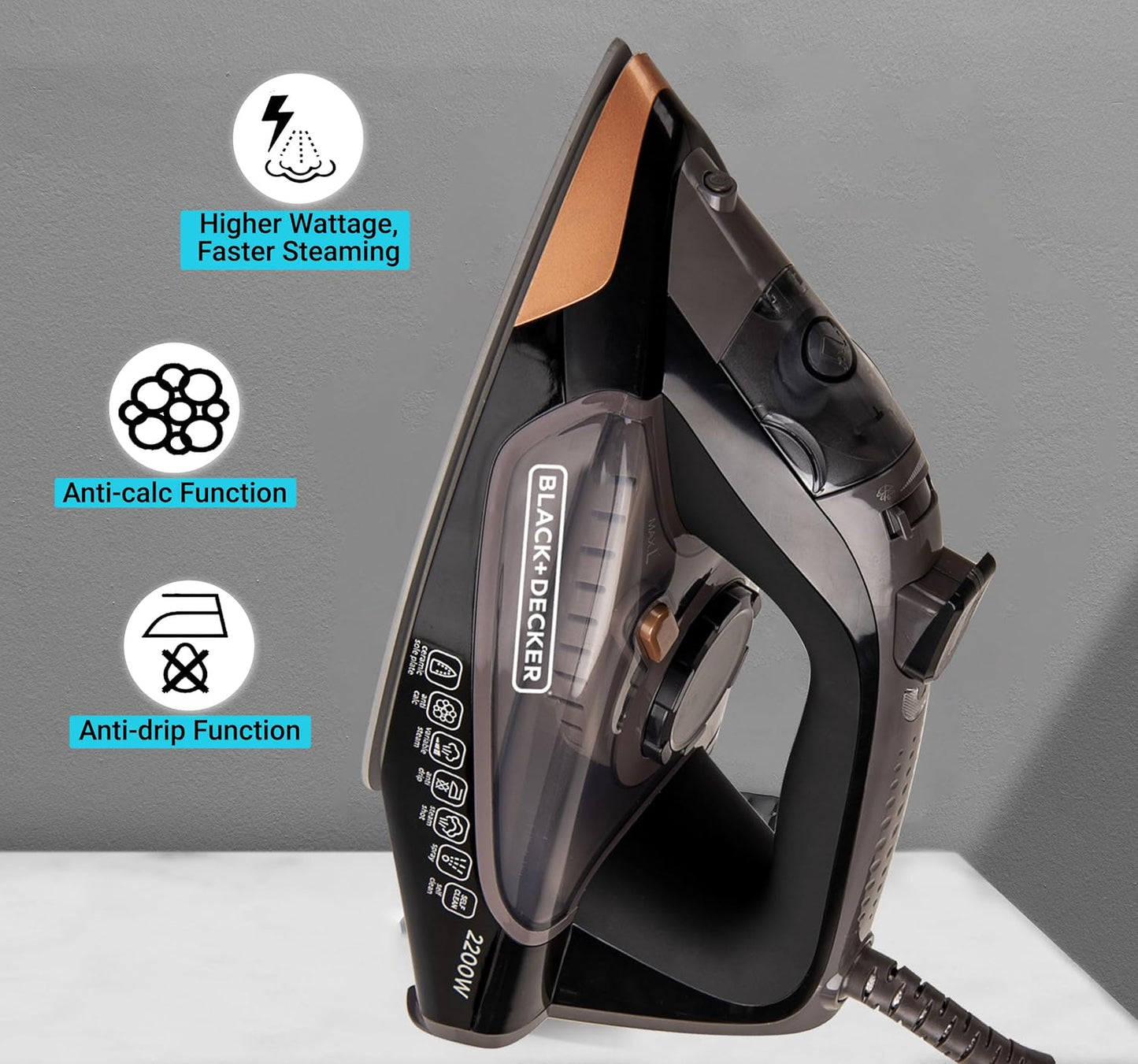 Black+Decker 2200-Watt Steam Iron with Ceramic Sole Plate | Black | Non-Stick Ceramic Sole |