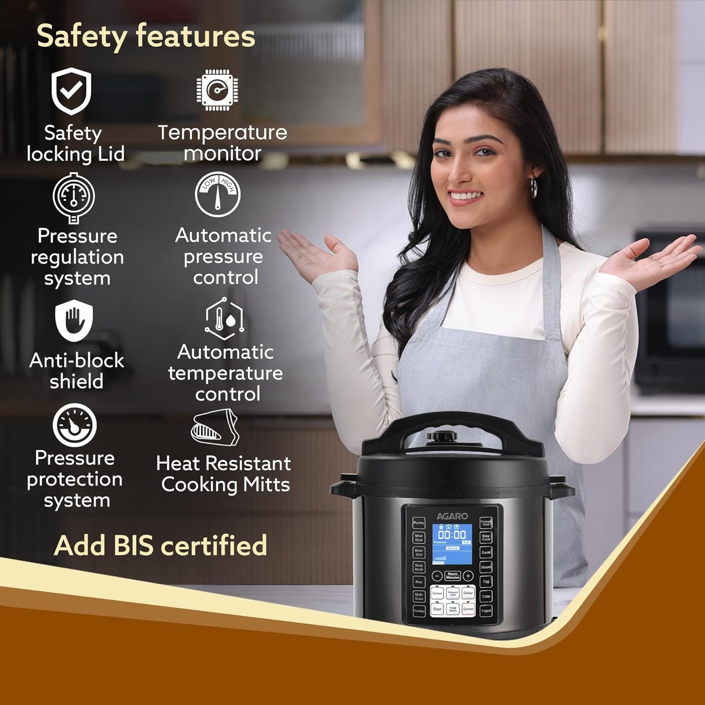 Agaro Imperial Rice Cooker | 8 Litres | 14 Preset Multi-cooking Functions | SS Pot | Black |