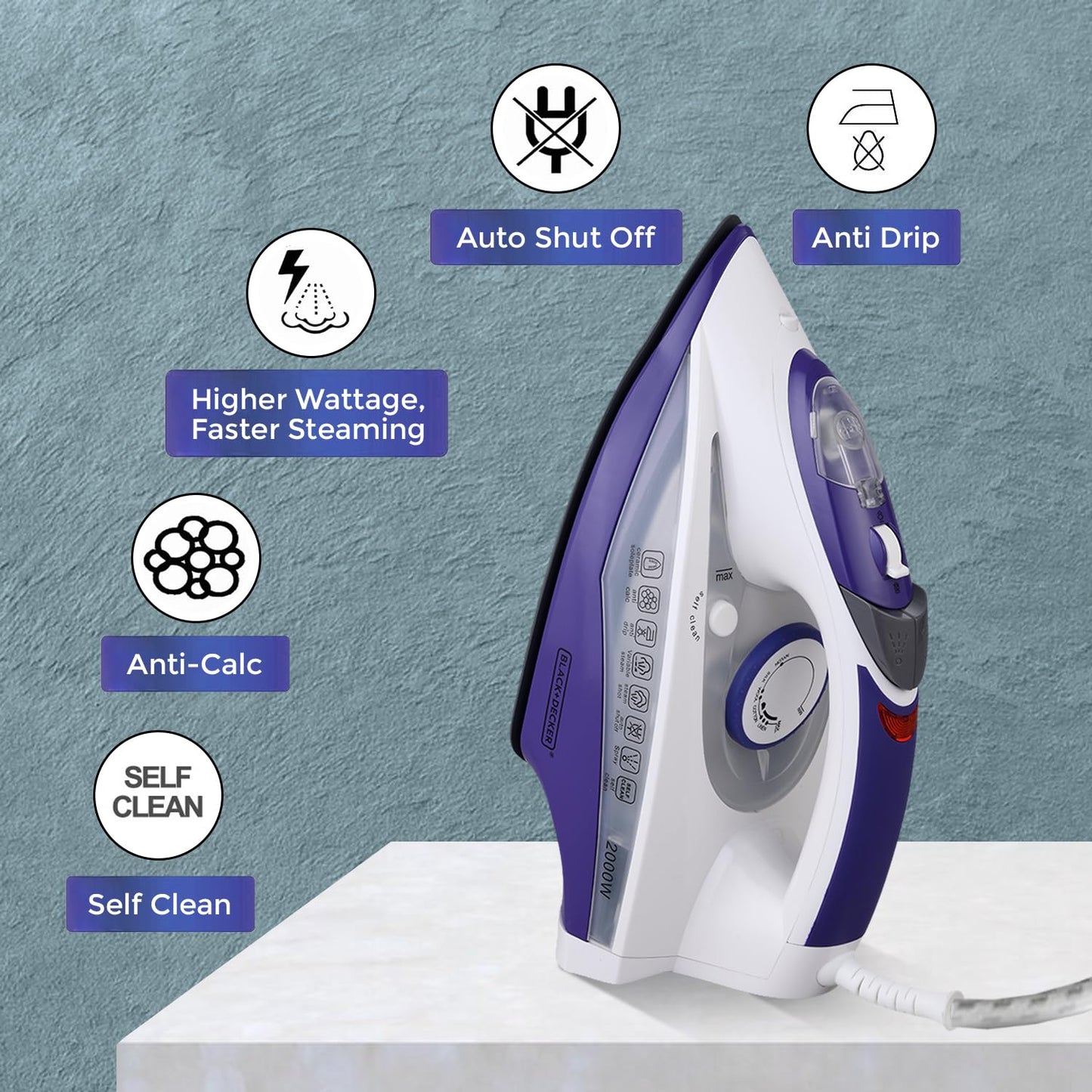 Black + Decker 2000W Steam Iron Press with Auto Shut Off | Blue + White |