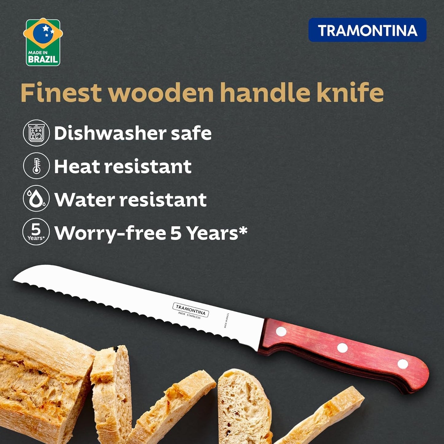 Tramontina Polywood Bread Knife | Knife for Bread & Sandwiches | 5 Years Warranty | Heat Resistant |