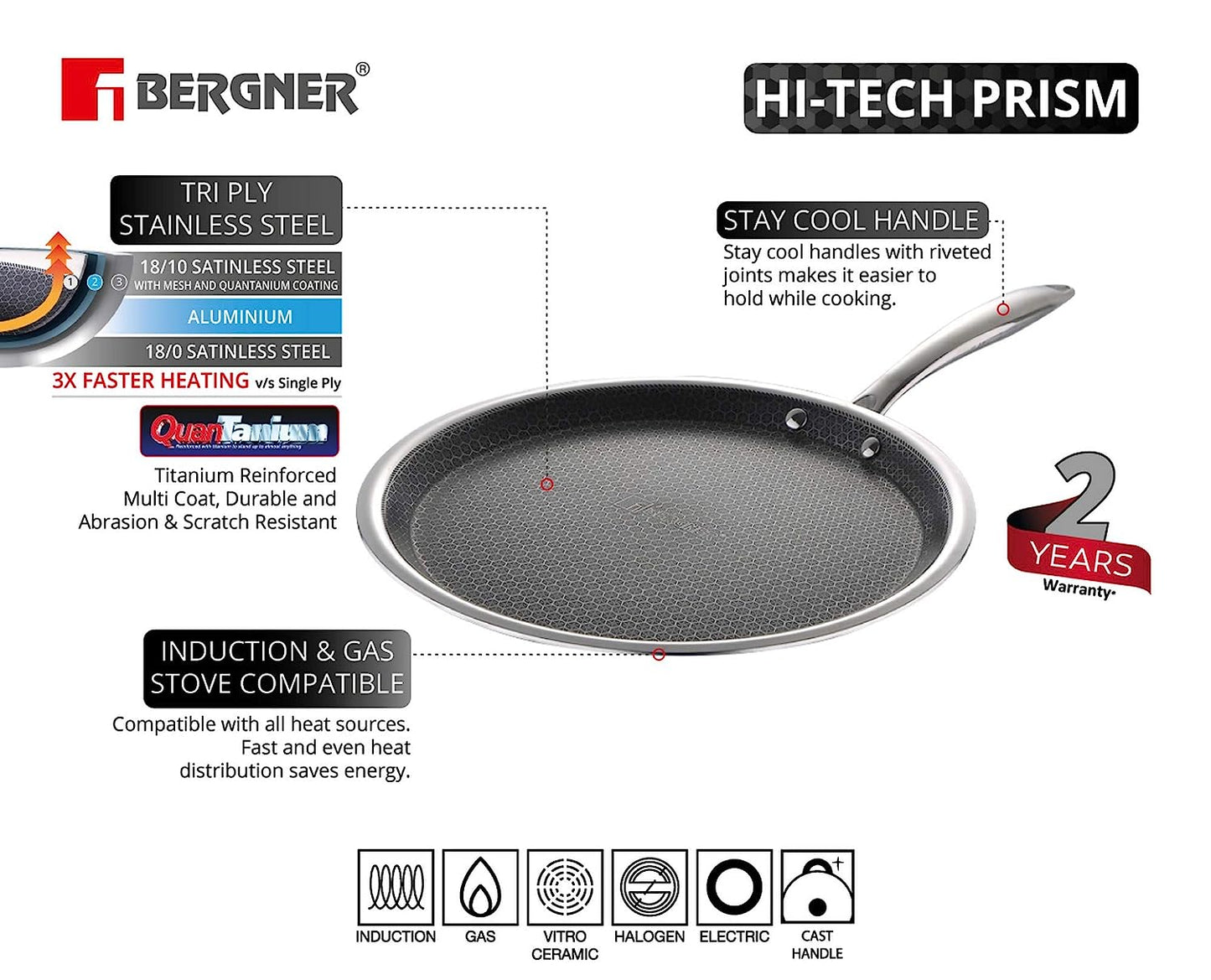 Bergner Hitech Triply Stainless Steel Non-Stick Dosa Tawa