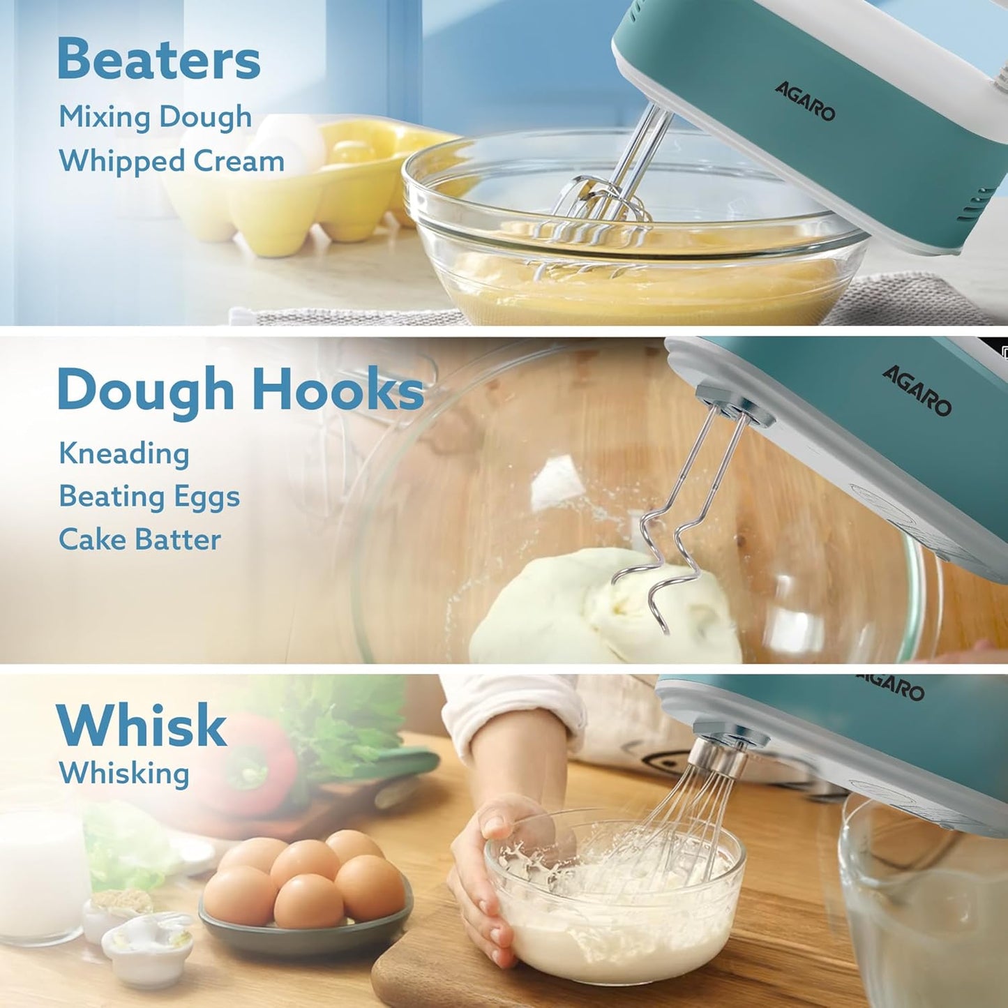 Agaro Regency 300W Hand Mixer | 5 speed | Beater & Dough Hooks | Sea Green |