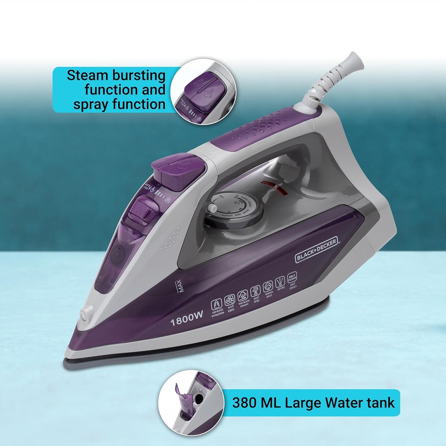 BLACK+DECKER 1800-Watts Steam Iron Press with Detachable Tank | Purple |