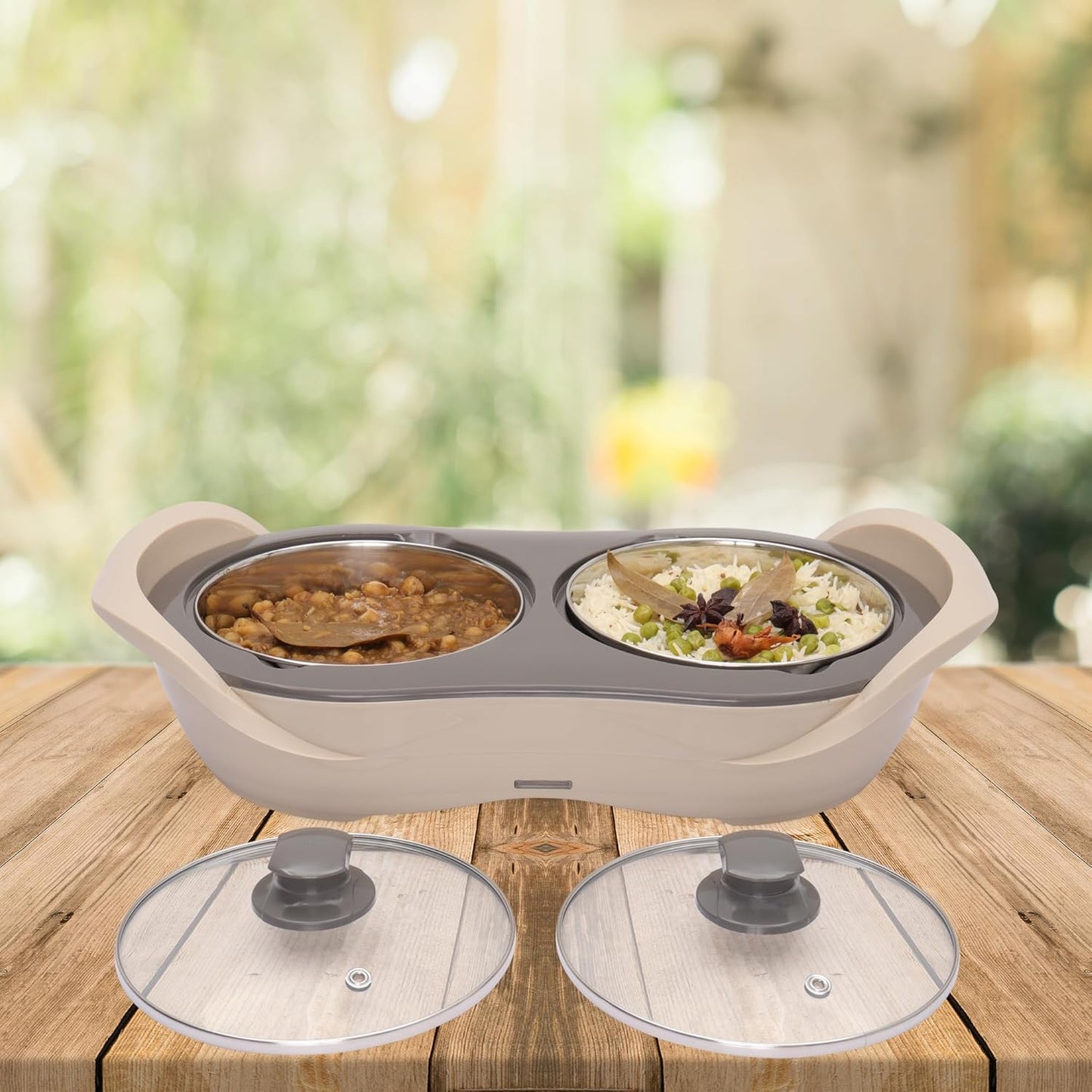 Jaypee Plus 2-in-1 Stainless Steel Electric Casserole Set | 1150ml x2 | Food Warmer & Buffet Server | Beige |