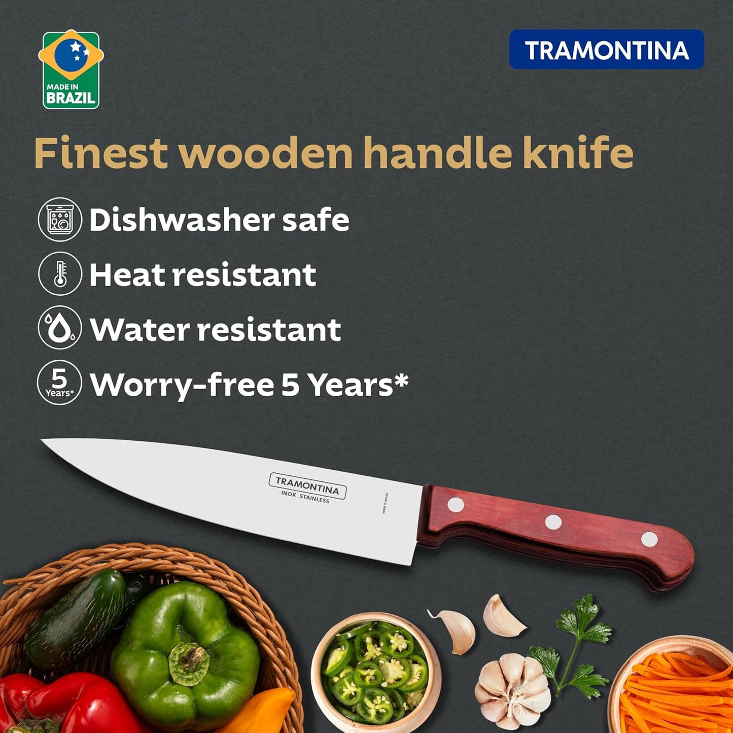 Tramontina Polywood Chef Knife | Stainless Steel Blade | Professional Knife | 5 Year Warranty |