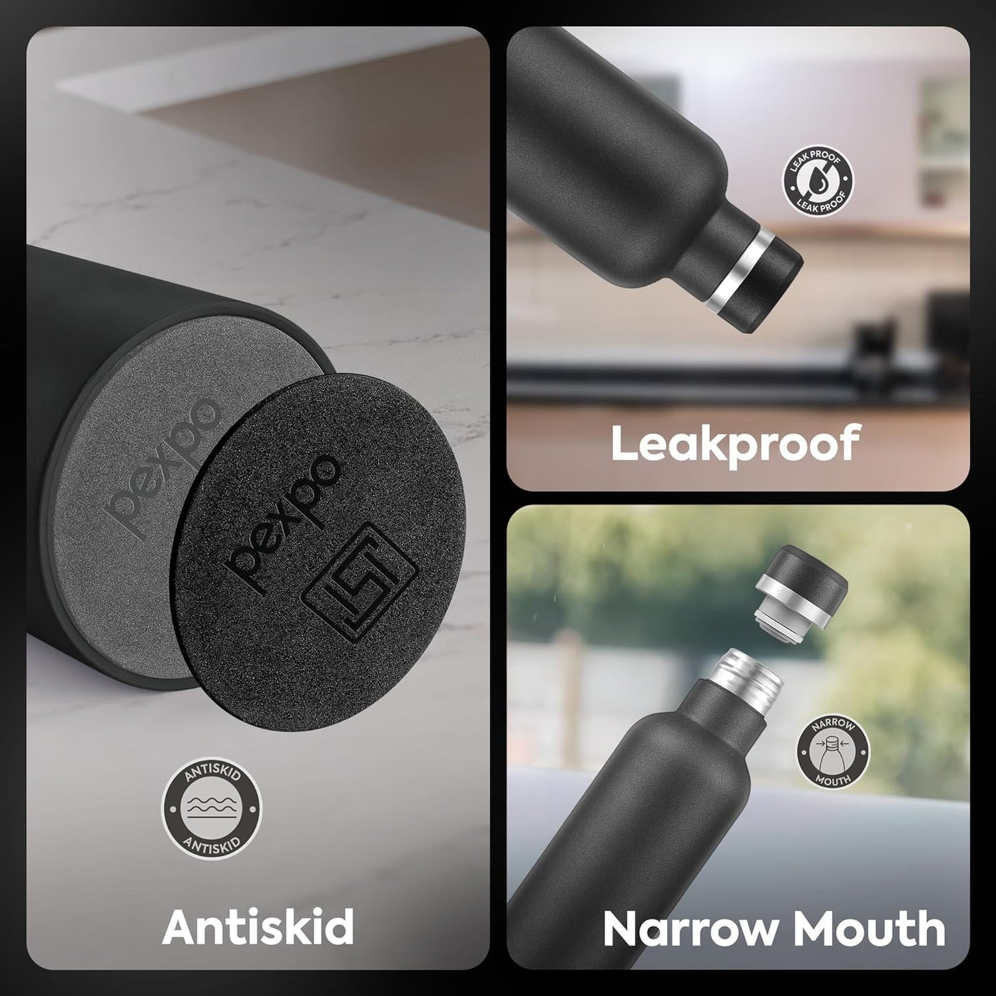 Pexpo Stainless Steel Water Bottle | 1 L | Hot and Cold Flask | Black |