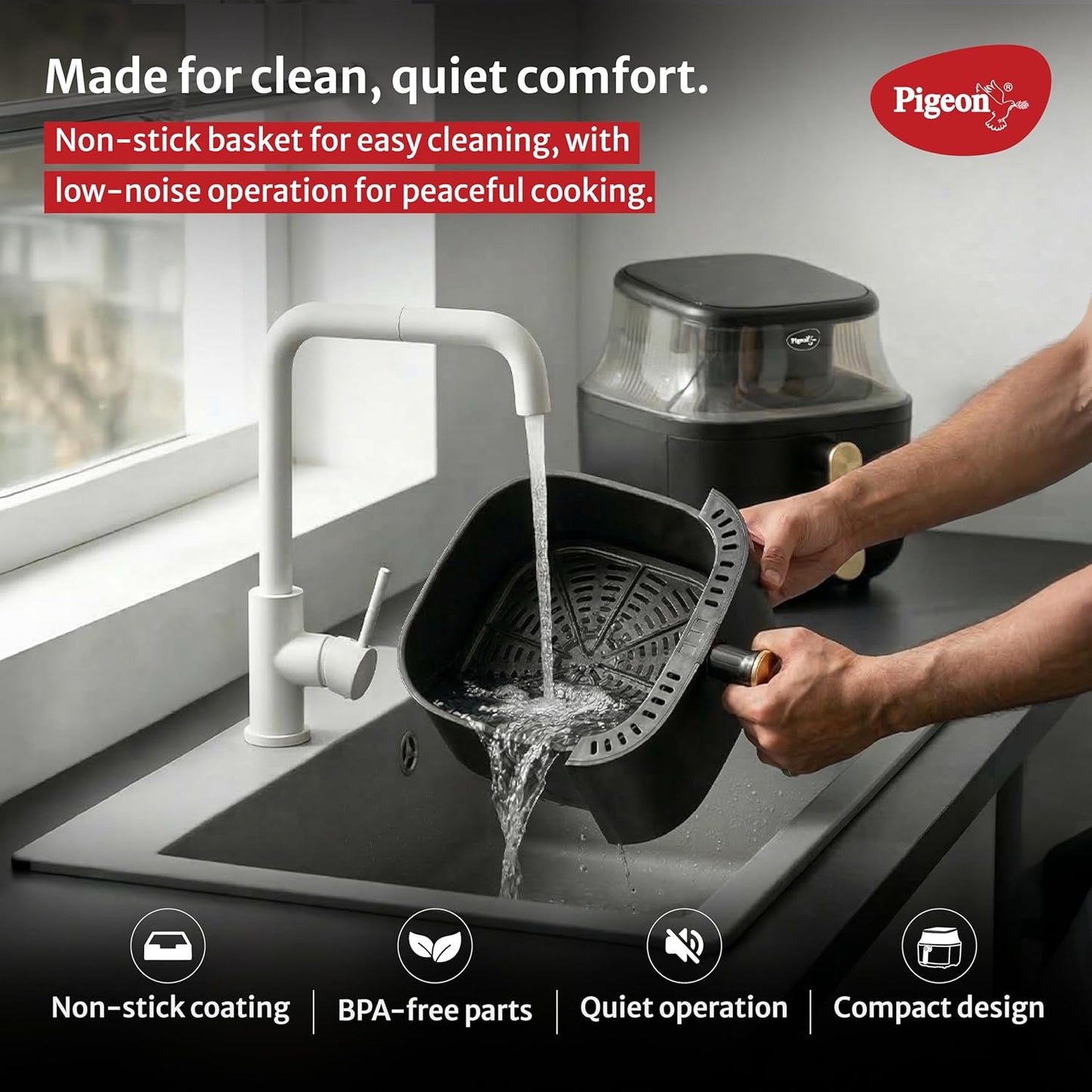 Pigeon Healthifry Digital Air Fryer | 5.4 Litre | 1500 Watts | See Through Glass Window | 80% Less Oil | Non-Stick Basket | Touch Control |