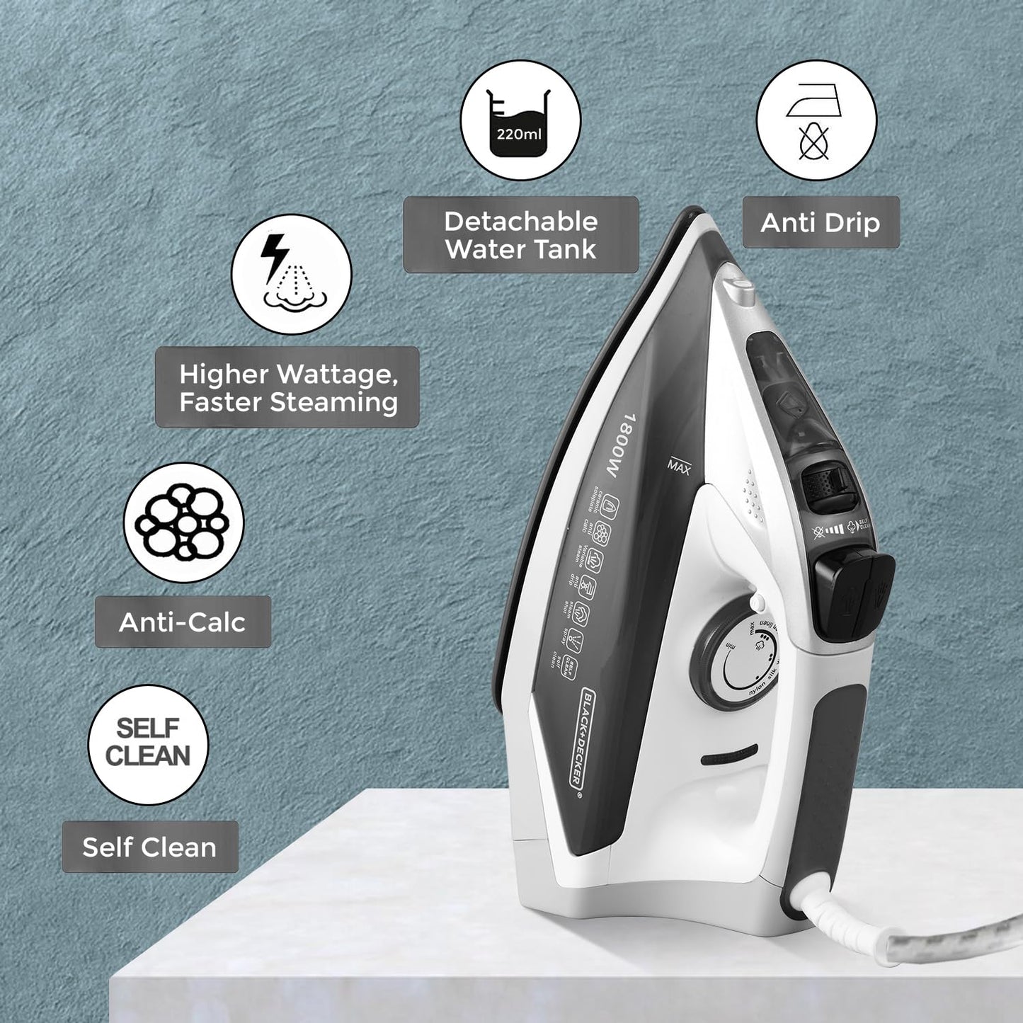 BLACK+DECKER 1800-Watts Steam Iron Press with Detachable Tank | Black |
