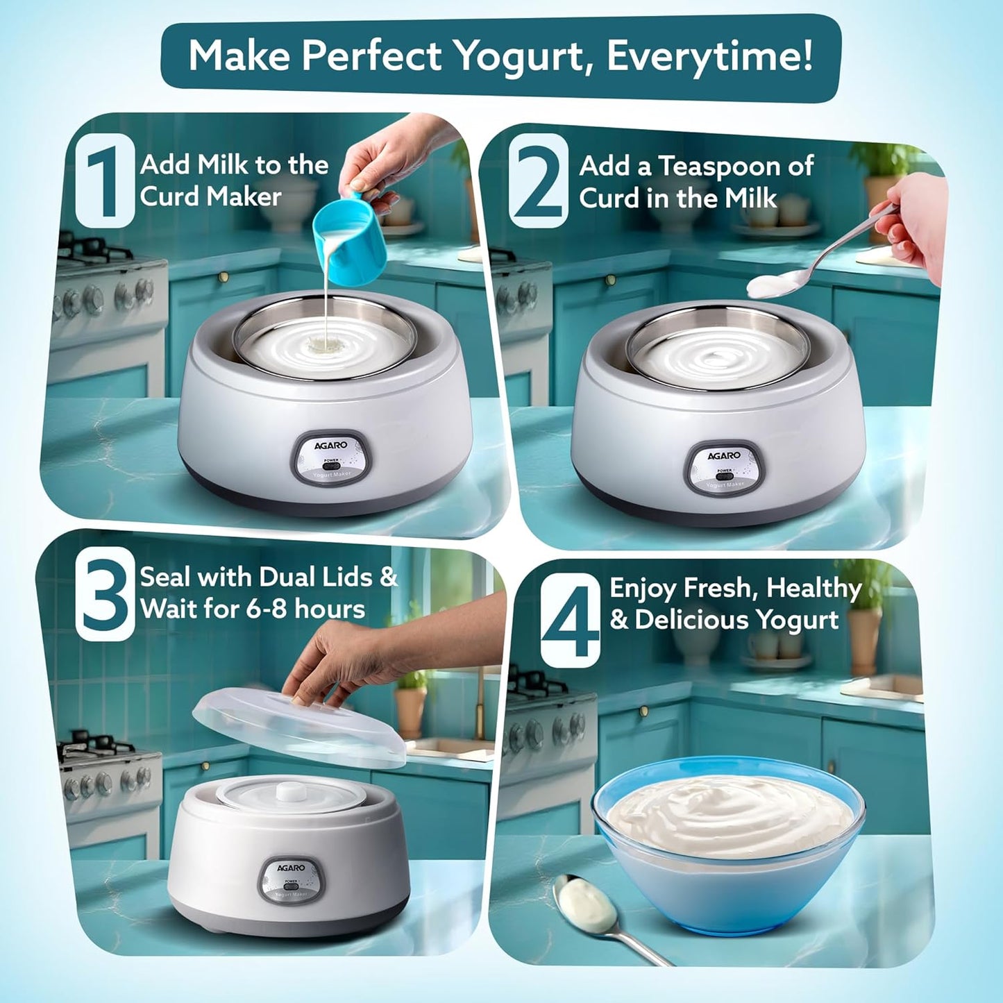 AGARO Classic Portable Yogurt Maker | 1.2L | 304 SS Container | Grey and White |
