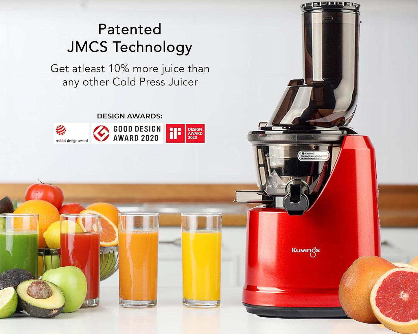 Kuvings B1700 Cold Press Slow Juicer with Strainer | Red | Smoothie + Sorbet Maker |
