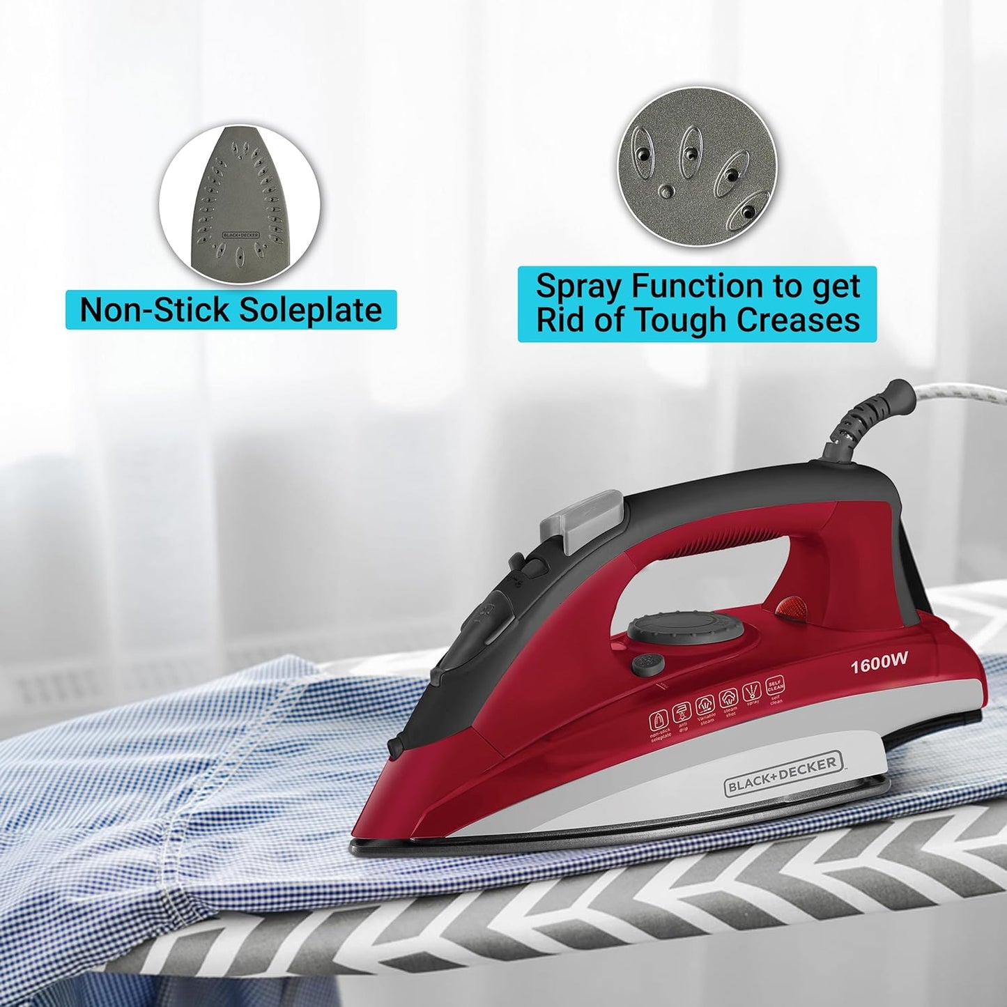 Black+Decker Steam Iron | 1600 Watts | Red + White | Non-Stick Ceramic Sole |