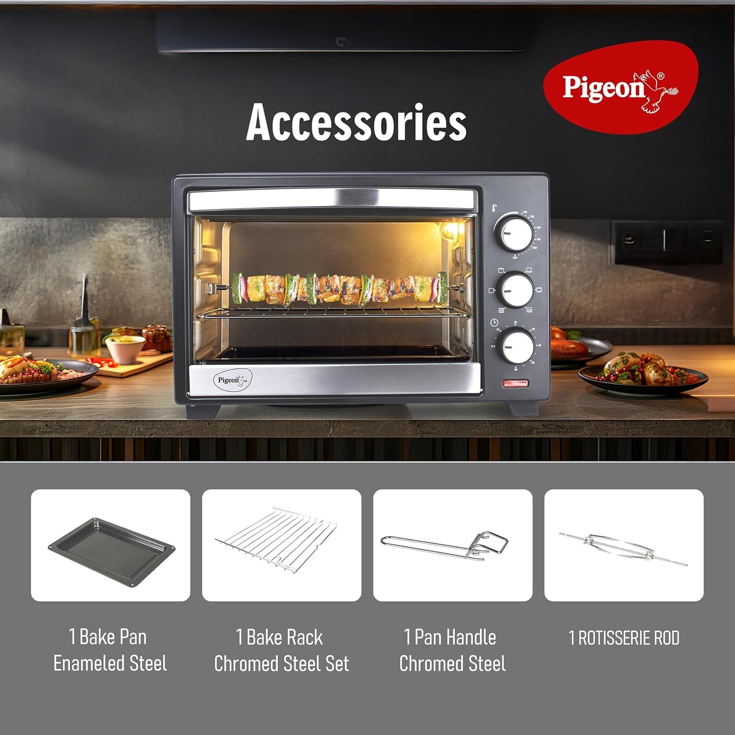 Pigeon 25 Litres OTG With Rotisserie For Grilling And Baking | 1400 Watts | Black |