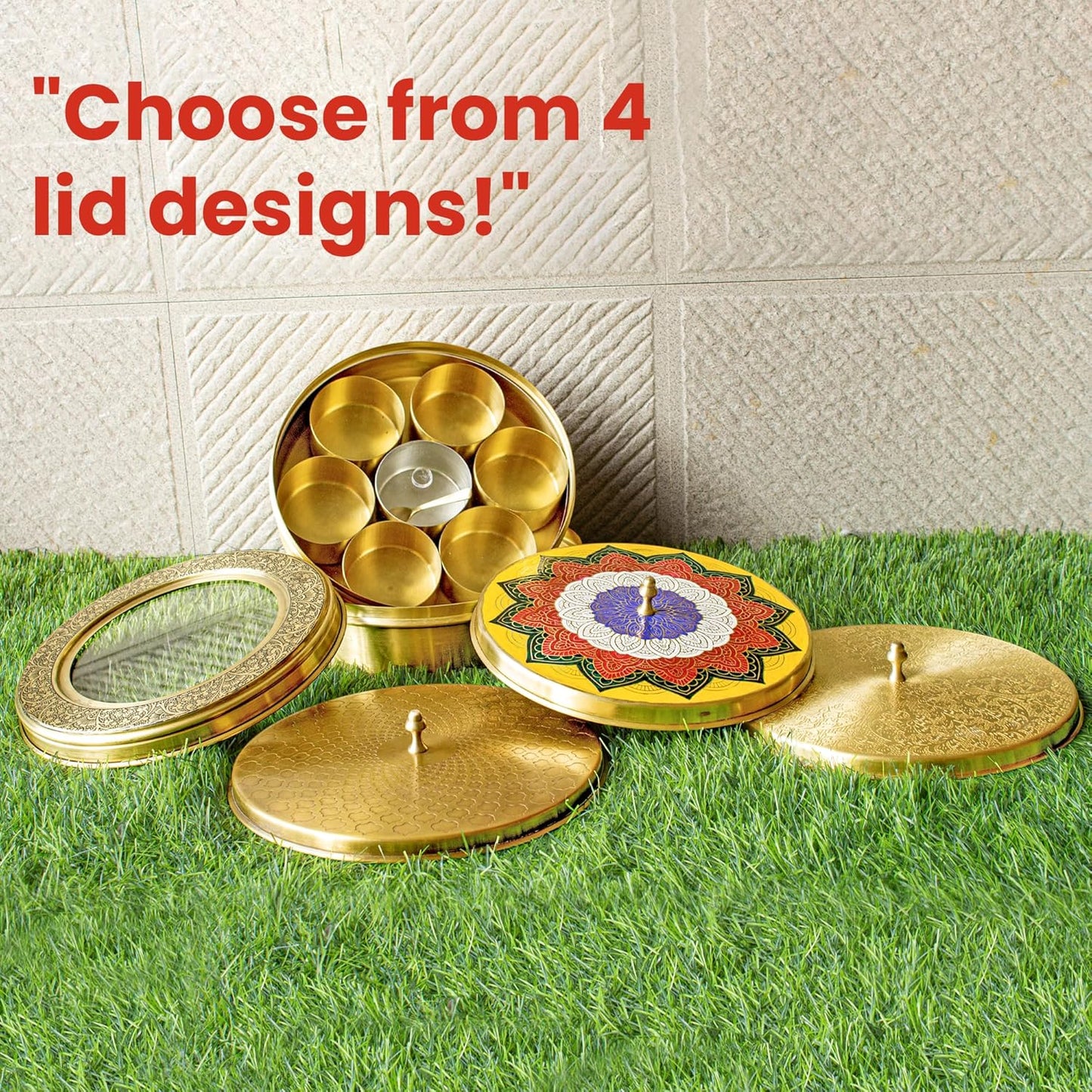 Pipal Brass Masala Box for Kitchen |Spices Storage Containers| Handmade Golden Masala container/Spice Box with Embossed Lid 7 Compartments and 1 Spoon (8 Inch, Large)