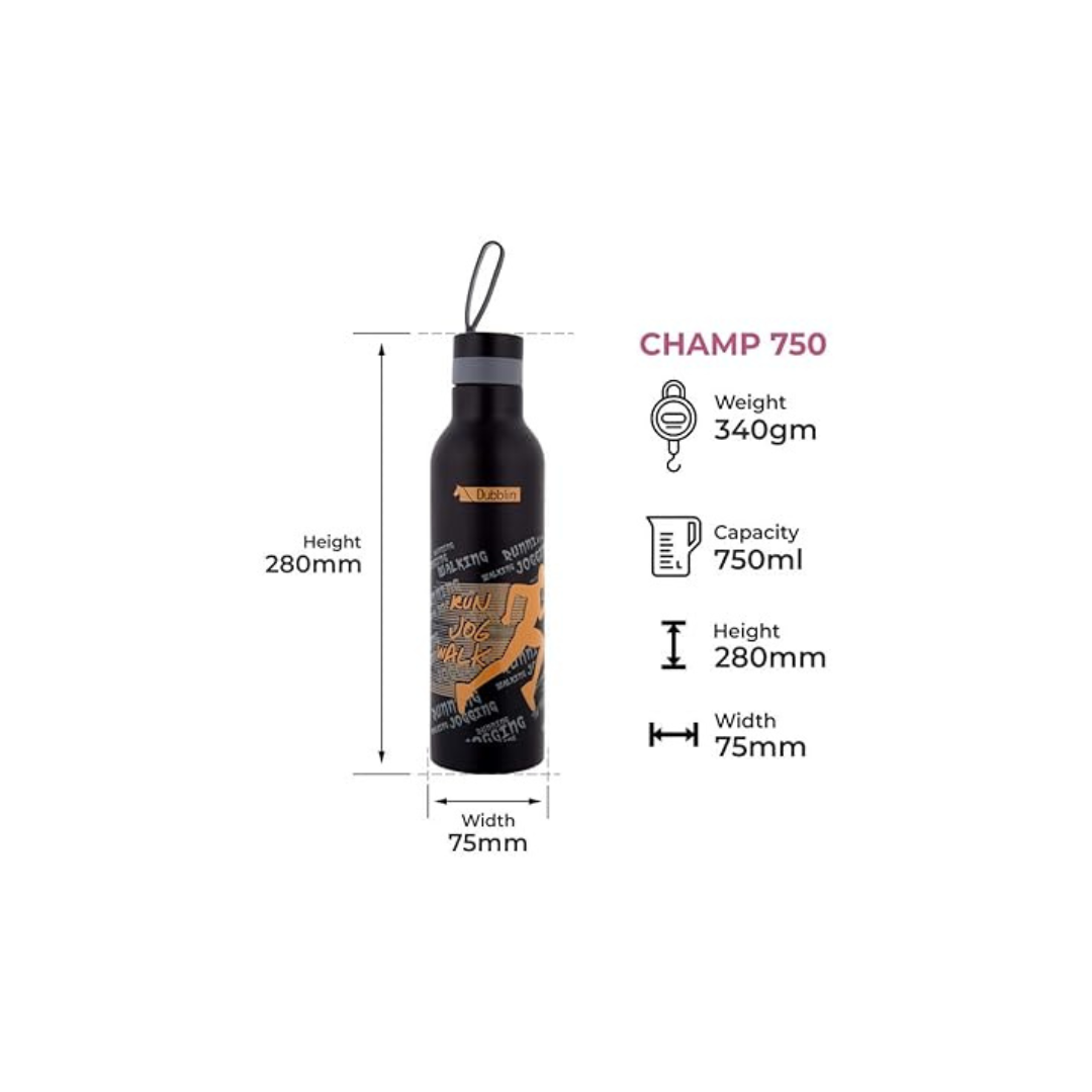 Dubblin Champ Stainless Steel Water Bottle |Orange | 500ml |
