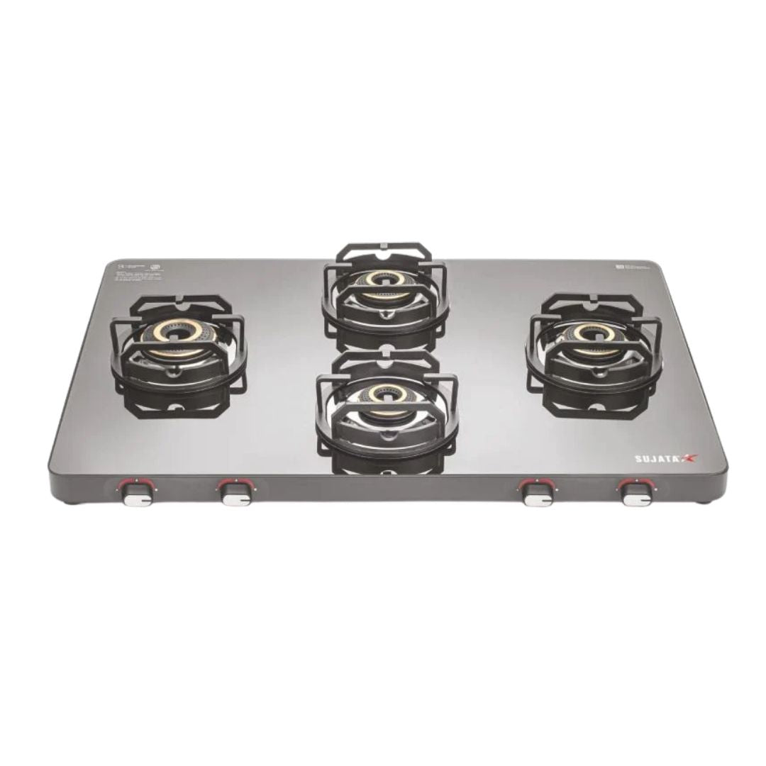 Sujata Premium Stellar Cross 4 Burner Gas Stove | Glass Tops | Heavy Duty Brass Burners for Modern Kitchen |