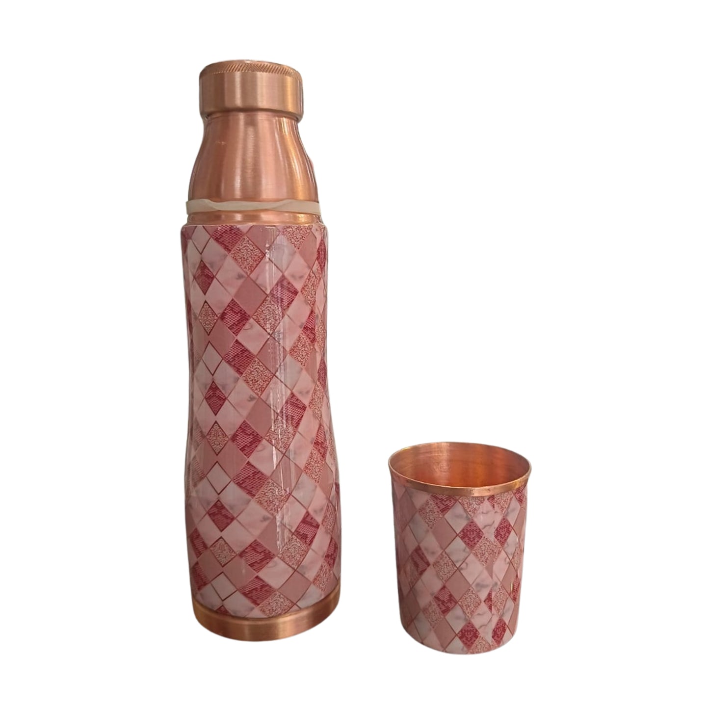 Pipal Dew Copper Water Bottle with Matching Glass | 900ml | Pink Crystal |
