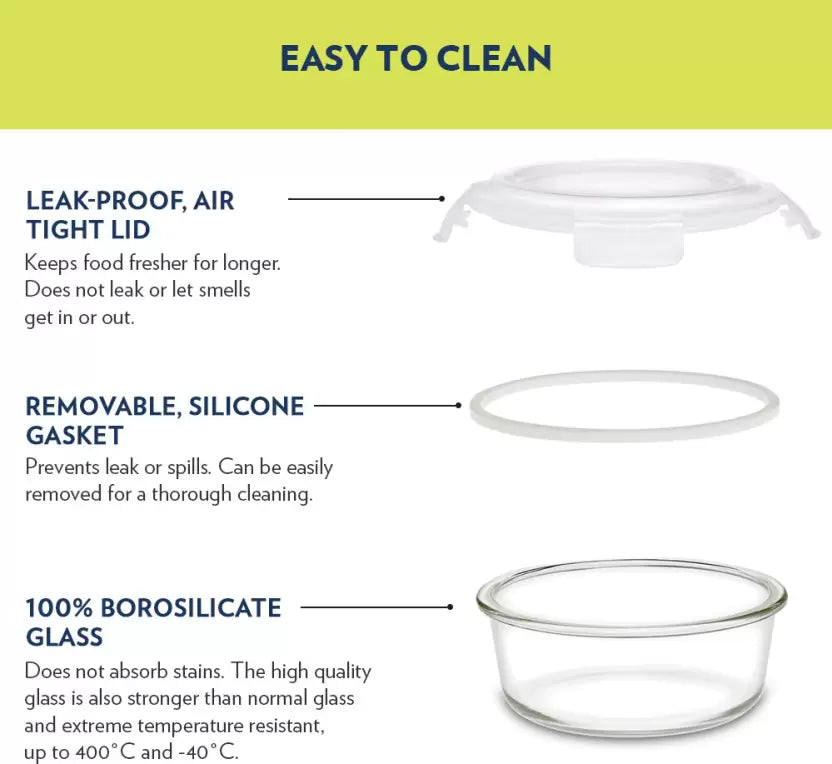 Borosil Klip-N-Store Round Glass Container for Kitchen - 950 ml