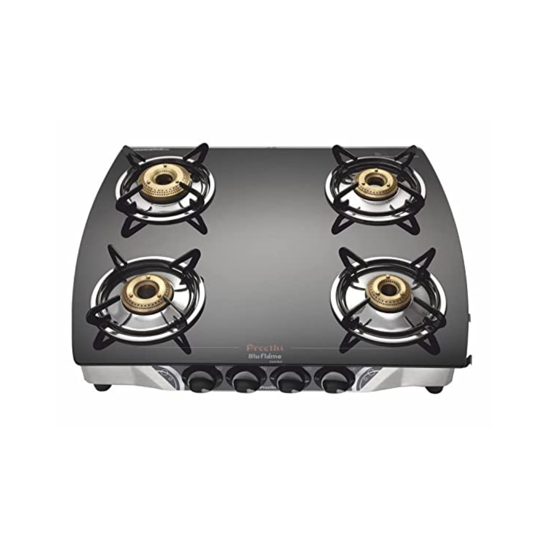 Preethi Blu Flame Jumbo Glass top 4 Burner Gas Stove, Manual Ignition, Black