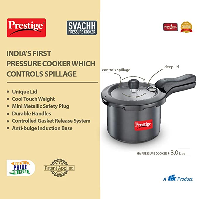 Prestige Svachh 3 Litre Outer Lid Pressure Cooker with Hard Anodized Aluminium Body (Black)