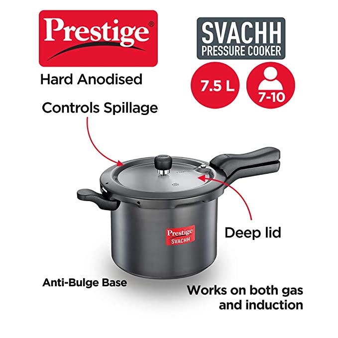 Prestige Svachh Hard Anodised Aluminium Outer Lid Pressure Cooker, 7.5 Litre, Black