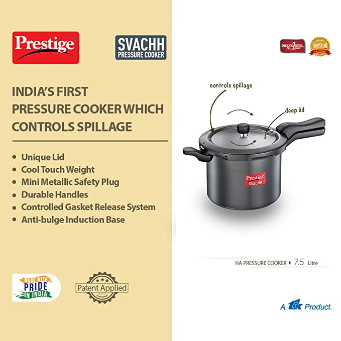 Prestige Svachh Hard Anodised Aluminium Outer Lid Pressure Cooker, 7.5 Litre, Black