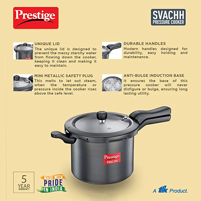 Prestige Svachh Hard Anodised Aluminium Outer Lid Pressure Cooker, 7.5 Litre, Black