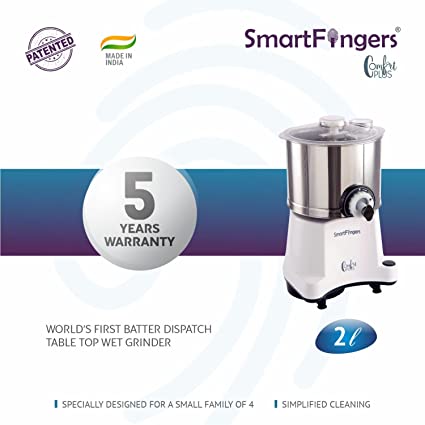 SmartFingers Comfort Plus Table Top Magic Wet Grinder 230V 2 Liter, White