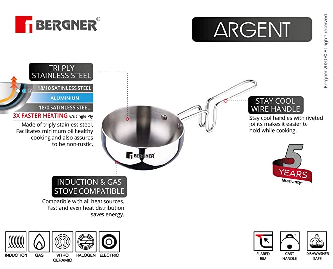 Bergner Argent Triply Stainless Steel Tadka Pan | 12cm, Silver |