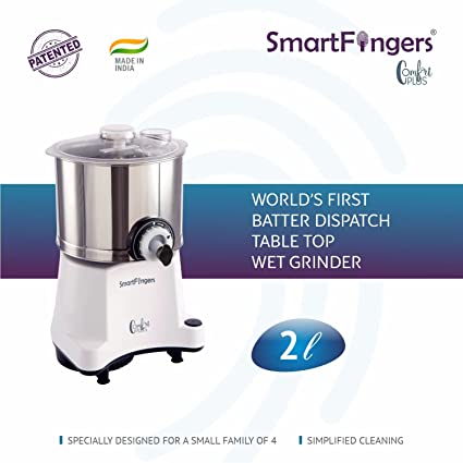 SmartFingers Comfort Plus Table Top Magic Wet Grinder 230V 2 Liter, White