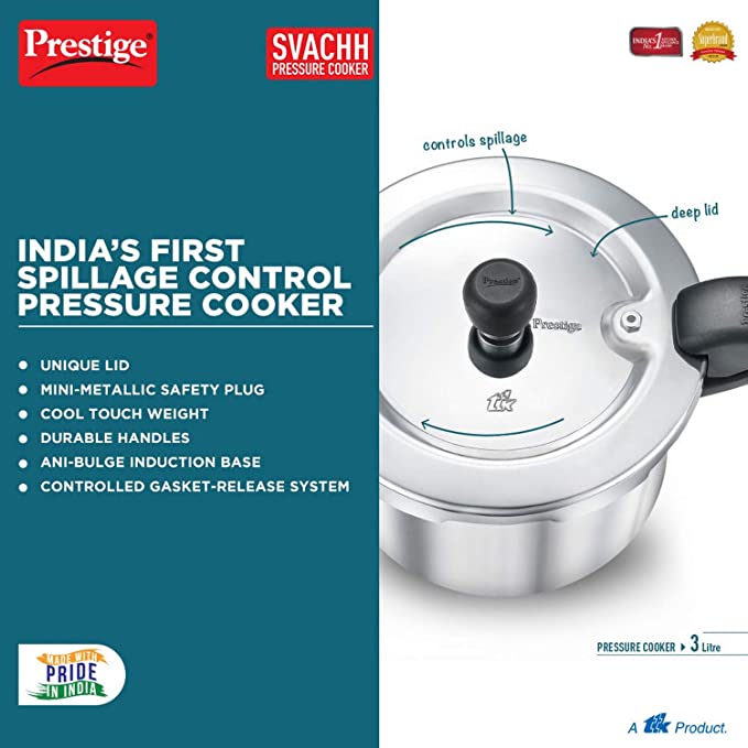 Prestige Svachh Aluminium Outer Lid Pressure Cooker 3 L (Silver)