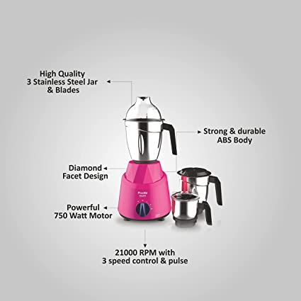 Preethi Galaxy MG225 Mixer Grinder, 750 watt, Pink
