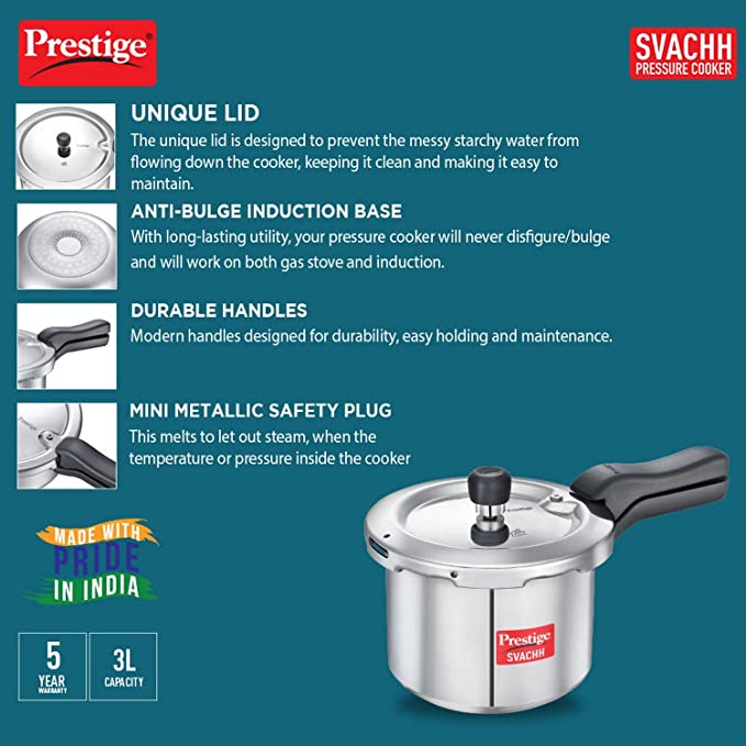 Prestige Svachh Aluminium Outer Lid Pressure Cooker 3 L (Silver)