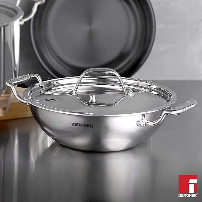 Bergner Non stick Tri-Ply Kadhai with lid