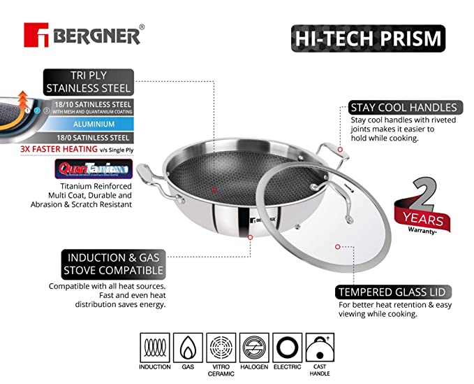 Bergner Hi-tech Stainless Steel Triply Wok/Kadai