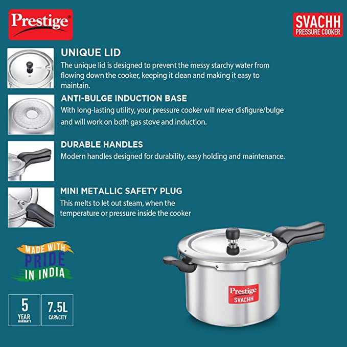 Prestige Svachh Aluminium Outer Lid Pressure Cooker, 7.5 L