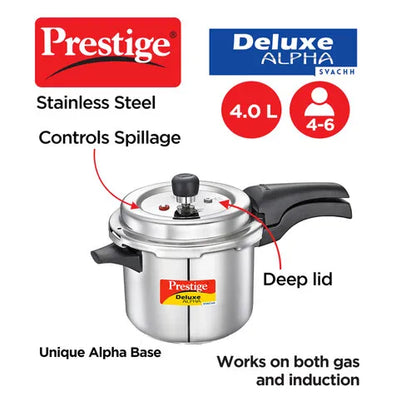 Prestige Deluxe Alpha Svachh Stainless Steel Pressure Cooker | 4 Litre | 10 Years Warranty |