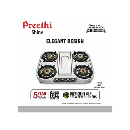 Preethi Shine SS 4 Burner Gas Stove, Manual Ignition
