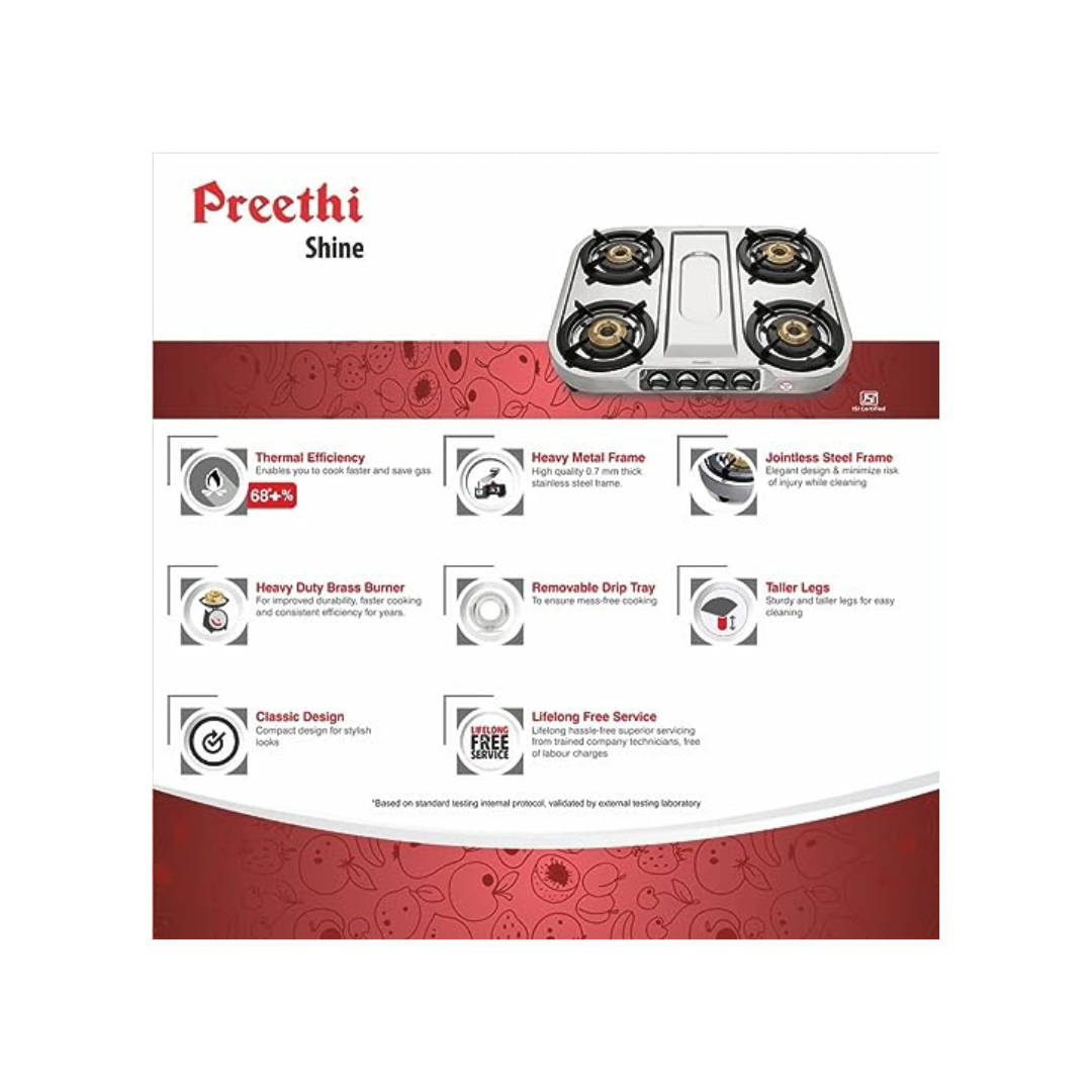 Preethi Shine SS 4 Burner Gas Stove, Manual Ignition