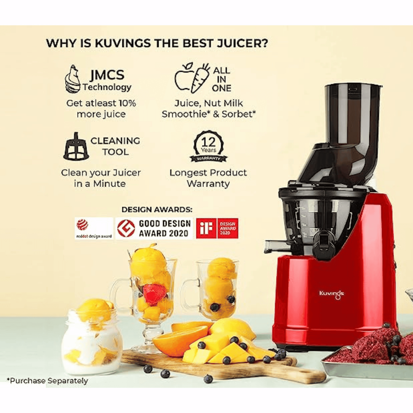 Kuvings Cold Press Whole Slow Juicer | B1700 Red Smoothie + Sorbet Maker