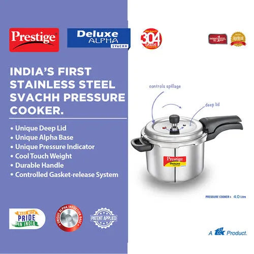 Prestige Deluxe Alpha Svachh Stainless Steel Pressure Cooker | 4 Litre | 10 Years Warranty |