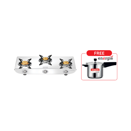 Vidiem Tusker Gas Stove 3 Burner Gas Stove | Manual Ignition | SS + Vidiem Energies Pressure Cooker Worth Rs.990 FREE